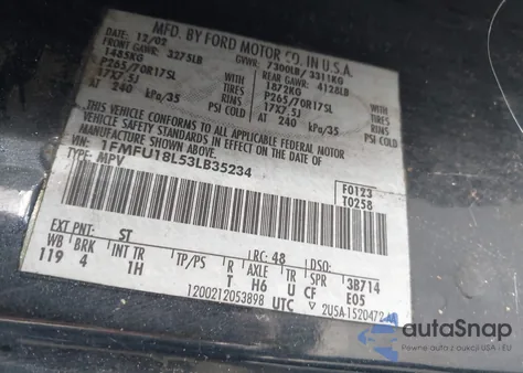 2003 Ford Expedition Eddie Bauer from USA, damaged, VIN 1FMFU18L53LB35234